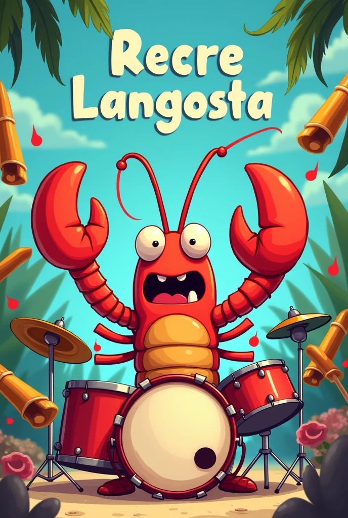 Generate an image, it must have a cartoon lobster, drums, whistles and at the top it must say the following phrase in Spanish "Recre Langosta" as it is written without accents and both words begin with a capital letter 
