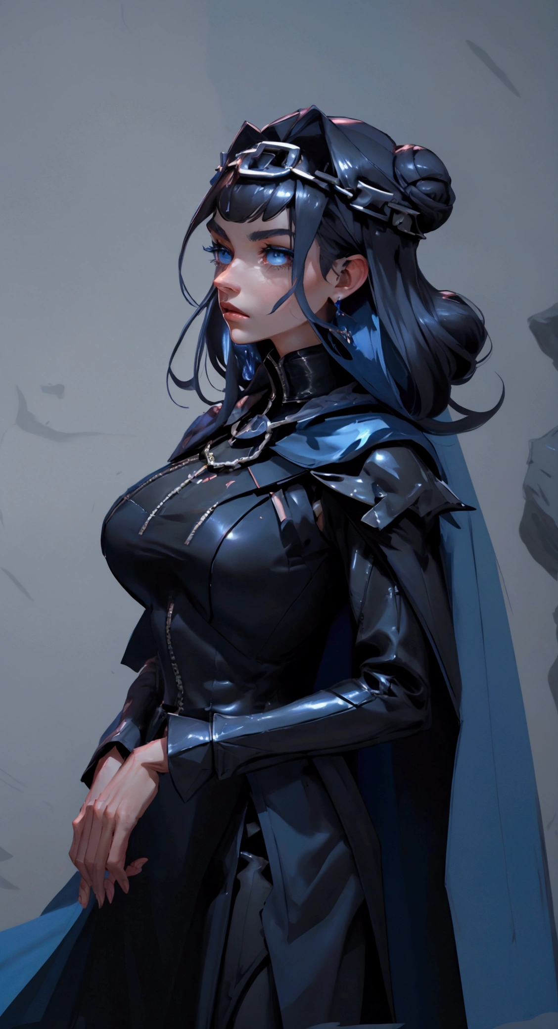 envision a 8k, highres, cinematic, fully body design sheet of a fierce empress Big tall girl with long legs named Kronii Ouro with long dark blue hair in a bun, blue eyes, wrapped in chains, wearing Darth Vader's Suit with a long flowing blue cape, a black helmet mask against a dark background