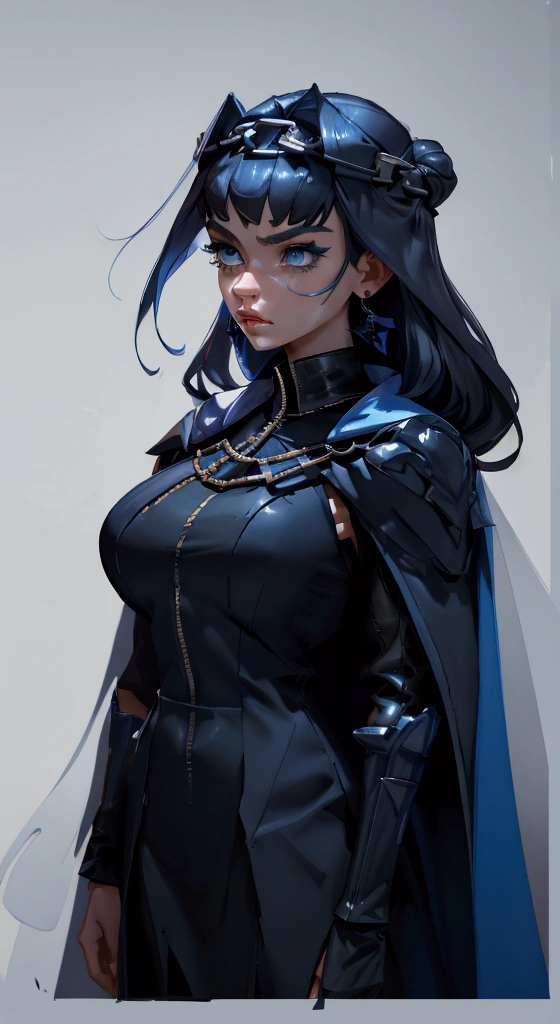 envision a 8k, highres, cinematic, fully body design sheet of a fierce empress Big tall girl with long legs named Kronii Ouro with long dark blue hair in a bun, blue eyes, wrapped in chains, wearing Darth Vader's Suit with a long flowing blue cape, a black helmet mask against a dark background