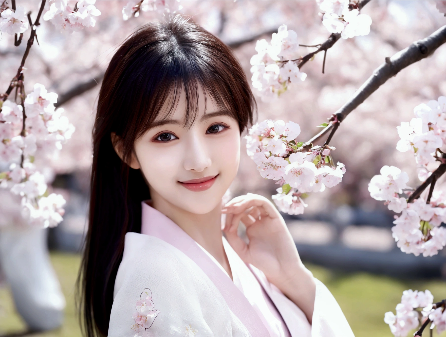 Pale cherry blossom base、Bright smile、Highest quality、8k、Ultra-high resolution、Cherry blossoms blooming park background、Realistic photos、Healthy body shape、Clear eyes、Shiny black hair、Delicate cherry blossom colored kimono、A refreshing look、Soft natural light、Contemporary Japanese art style、Pale colors、Exhilarating atmosphere、Subtle details、Graceful pose、Landscape full of flowers