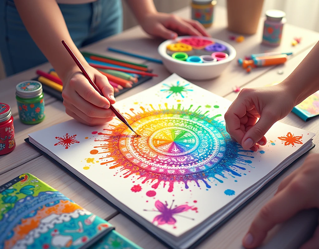 table full of colors and a couple of open coloring books and one hand painting coloring book