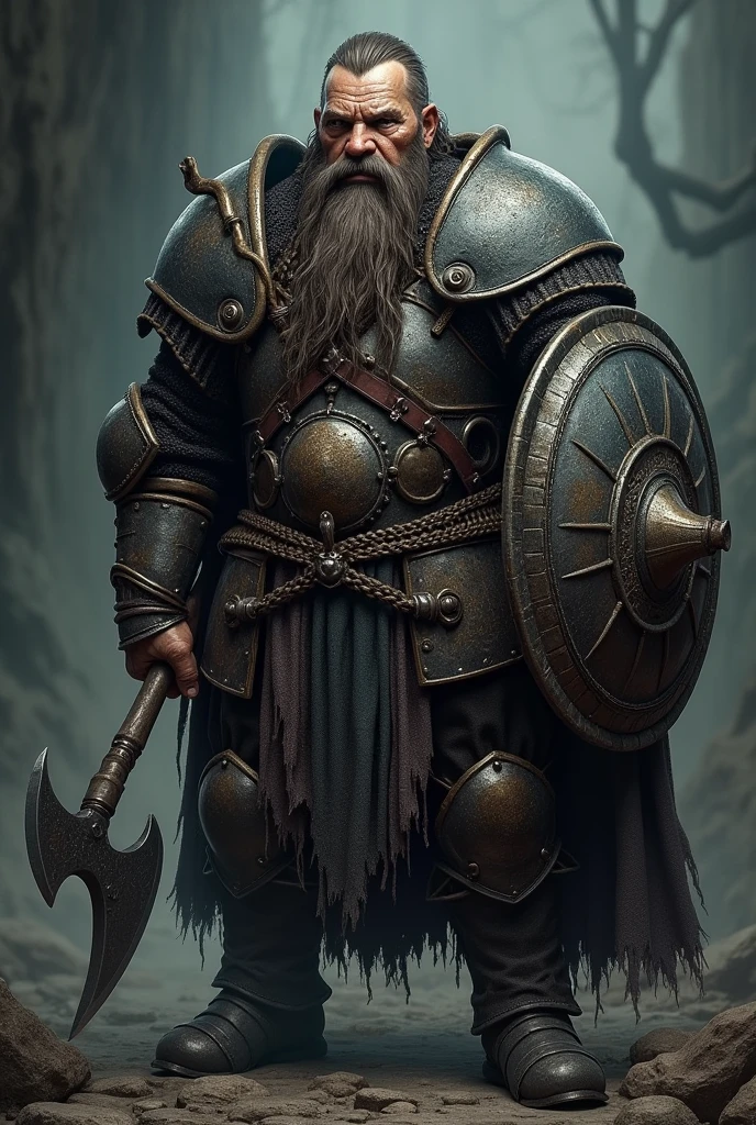 A gloomy, grim fantasy dwarf in full chain armour, middle aged man, with long beard and long hair, which are braided and decorated with iron rings, holds a battle axe in one hand and a shield in the other