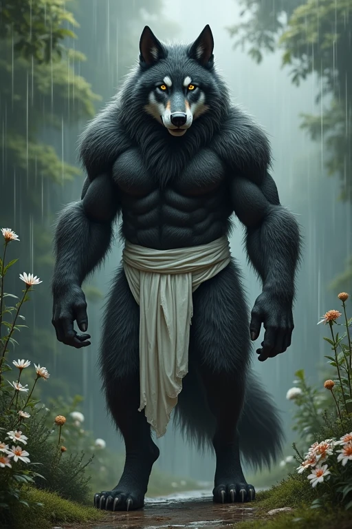 male, Hairy, Big Wolf, good looking, Majestic Wolf,White loincloth, bleach, Very muscular, Yellow Eyes, (Detailed wolf eye:1.2) Thick eyebrows, have confidence,, Humanity, High resolution, (Detailed and realistic images:1.3), (Delicate eyes, Beautiful and expressive eyes:1), Impressionist Mixture, Crazy Details, soft, (Ultra-realistic fur:1.2), (High-quality fur:1.A body covered in upir:1.2), (male:1), (Expressive Face, Detailed face:1) ((( View ))), (((Full body image))) Black fur, White Beard, overweight male, White belly, big male, mature male, ( Pattern Shortystikfox61, Dark Gems, author:Flashtrap Boy, Contributor: Bebebebe, Ghost in the Sky, Moore Sandy, By Seibel, ), Low Light: 1.2) masterpiece, Highest quality, Surreal ( 8k, 超High resolution, Beautiful light and shadow, Detailed faceの描写, Highest quality, masterpiece, Ultra high definition, Official Art, Very detailed, Deep Shadow, dynamic shadows, High Dynamic Range, deep in the fields, utra High-quality fur, Maximum concentration, Depth of written boundary, Perfect lighting, Highest qualityの光の粒子, Very detailed的身体, Cinematic, Sharp focus, Correct Anatomy, Right hand, Right hand, Right Head, Detailed Background, (Rain Garden Swimming Training, dynamic pose, Swordsmanship training in rain, dynamic, Training posture, ( Flowering rain garden, Japanese anime countryside scenery, Drawing in an animation artist's studio, Beautiful anime scene, Anime Background Art, beautiful Anime Scenery, Beautiful peaceful scenes in anime, From Anime Painter Studio, 日本Anime Scenery, Japanese Anime Nature, Flower Environment, Landscape paintingの詳細, Very detailedデジタル絵画, Landscape painting, Anime Scenery, Very detailedデジタル絵画, Swordsmanship training, dynamic Training posture, Kumota, Wet day, )
