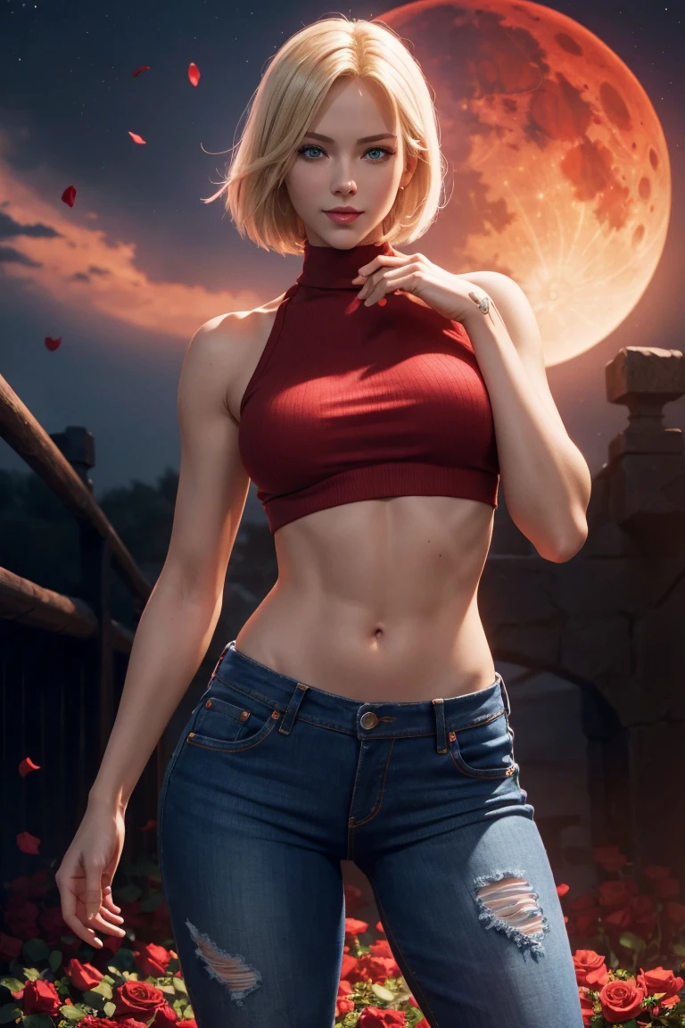 KOF,King of Fighters,Blue Mary,Blue Eyes,Blonde Hair,Medium Hair,Beautiful white skin,Photorealistic,Ultra HD,high quality,masterpiece,Digital SLR,Detailed details,Intricate details,Anatomical basis,Depicted in detail,A detailed face,Realistic skin texture,Vivid details,Perfect Anatomy,Perfect Anatomy,Anatomically correct hand,Anatomically correct fingers,Super Detail,Complex 3D rendering,Sexy pose,Red knit sleeveless top,jeans,Fantasy worldview,Beautiful red sea,Beautiful Red Moon,Beautiful night sky,Petals of roses dance,Picturesque,Pink Lips,smile,