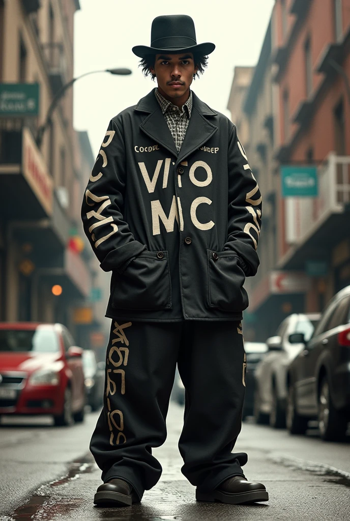 Hip hop Charles Chaplin original baggy clothes with letters saying Vito Mc