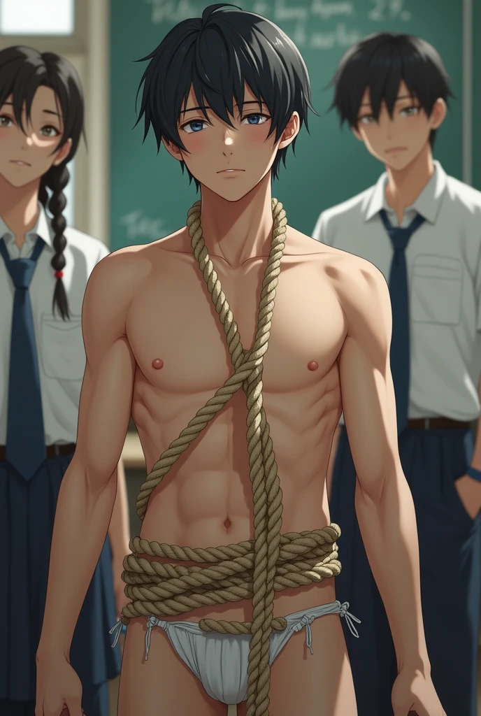 1boy、Handsome Men、Japanese male, 、Completely naked、Full nudity、erection、Huge penis、Highest quality、Realistic、beautiful、Sad look、 ((((Completely tied up with rope)))), ((((A very tight rope is crisscrossed over the chest)))),(((Body bound with tight rope)))、whole body、Surrounded by students in uniform、In a school classroom、erection、完全Completely naked