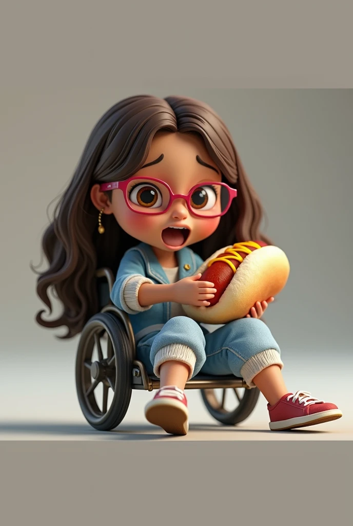 girl, , brown hair, slightly wavy, small dark brown almond-shaped eyes, medium square pink glasses, light brown skin, she is disabled and uses a wheelchair, devouring a large hot dog, getting sauce on it her blue jumpsuit is excited, and excited, animation character, stylized character, animation style rendering, 3d stylized, Arnold Maya rendering, stylized 3d rendering, toon rendering screenshot, 3d character, 3d character, 3d rendering stylized, character 3D render, cartoon character, close-up character, character pose, (Pixar style) (master part: 1.2) (bokeh) (best quality) (detailed skin) (detailed texture) (8k) (Argilla) (cinematic lighting) (sharp focus