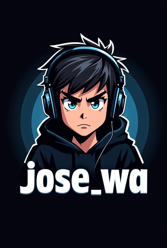 Create a logo of a gamer boy with headphones and a black sweatshirt and below it says in white Jose_WA