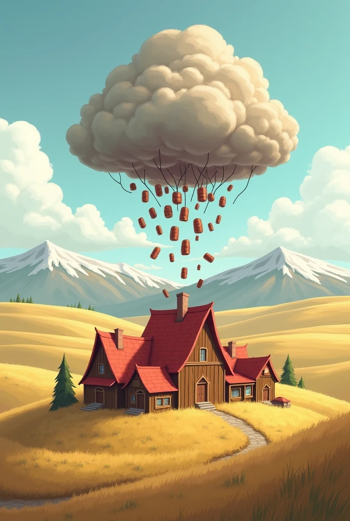 create an illustration where you portray a small village of brown houses with red triangular roofs, this village is located in the prairies and in the background you can see some snowy mountains. In the sky you can see gray clouds and from them are sprouting chocolate bars.
