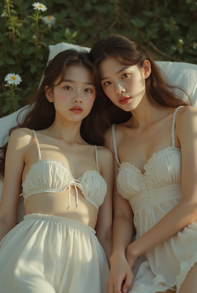 2 girl, ten model, David Hamilton style, slim, small, 90s, granulated picture, masterpiece, best quality, photo-realistic , outdoor, reclining position, sexy