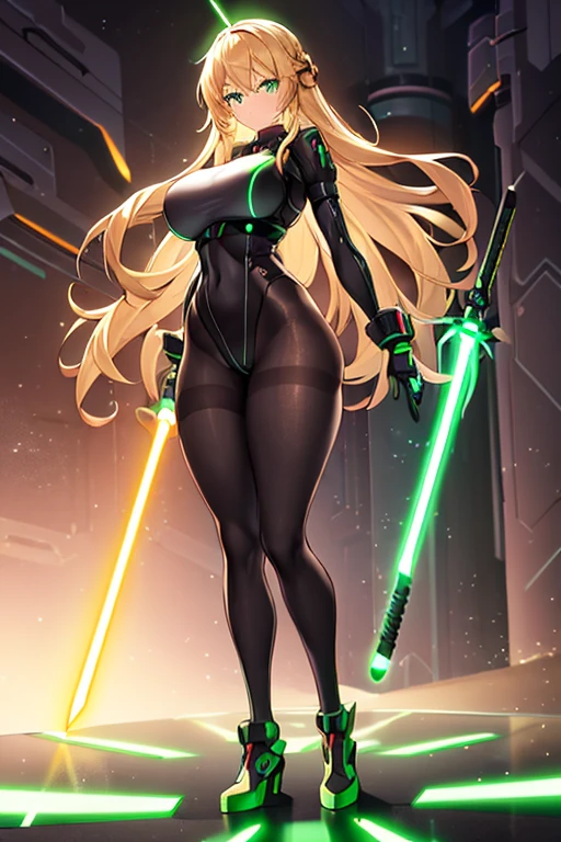 1girl, green eyes, blonde hair, long hair, large breasts, hourglass figure, bodysuit, white bodysuit, neon, neon trim, machinery, tech, science-fiction, futuristic, serious, standing, full body, ((full body)),, pantyhose, black pantyhose, wavy hair, fighting stance, robot girl, sword, lightsaber,