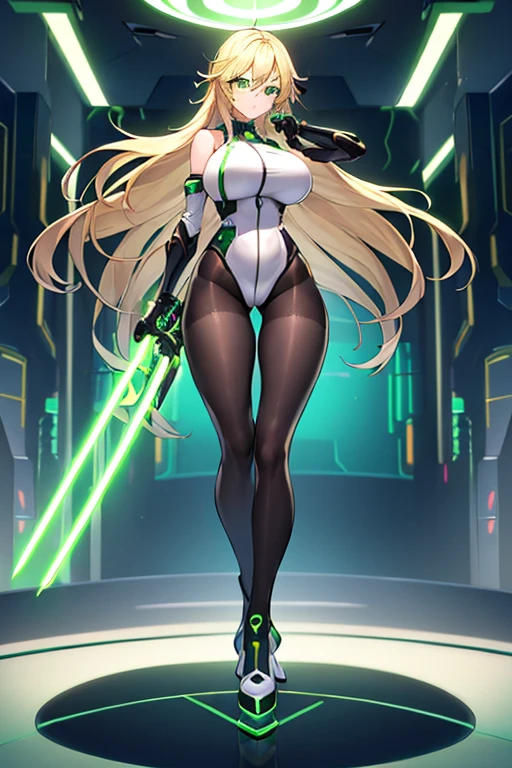 1girl, green eyes, blonde hair, long hair, large breasts, hourglass figure, bodysuit, white bodysuit, neon, neon trim, machinery, tech, science-fiction, futuristic, serious, standing, full body, ((full body)),, pantyhose, black pantyhose, wavy hair, fighting stance, robot girl, sword, lightsaber,
