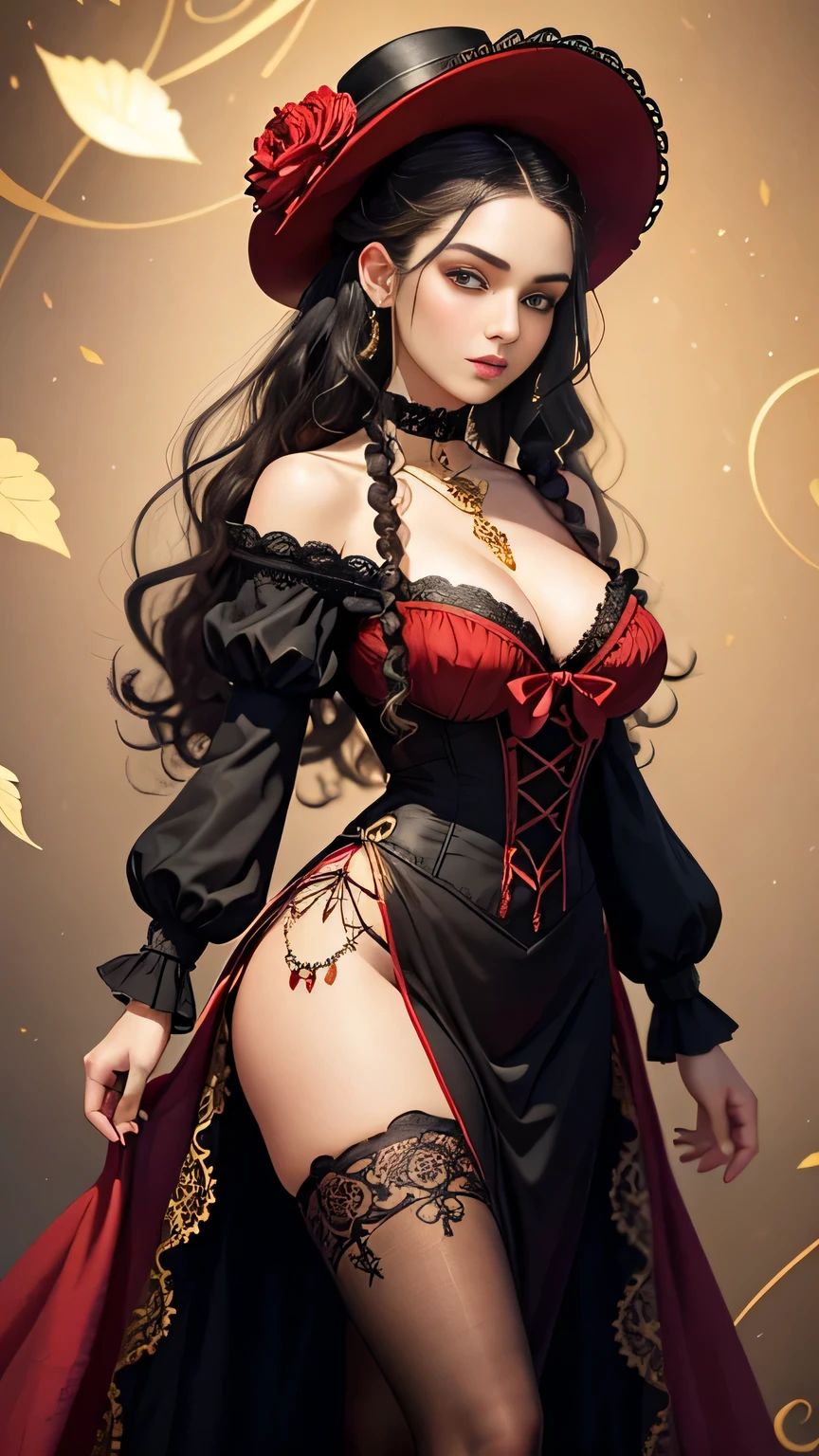 Create a beautiful woman, green eyes, detailed eyelashes and eyebrows, red mouth, glow on the face, long black curly hair tied on one side of the head, hat and a flower, jewelry ornament, perfect half body, wearing a Victorian style red dress with lace and gold thread, lace choker with jewels, legs with black lace stockings, high heel shoes, red soles, in intricate rococo style designs, with golden thread applications, atelier background, flowers, light falling on the hair, in the highest quality.