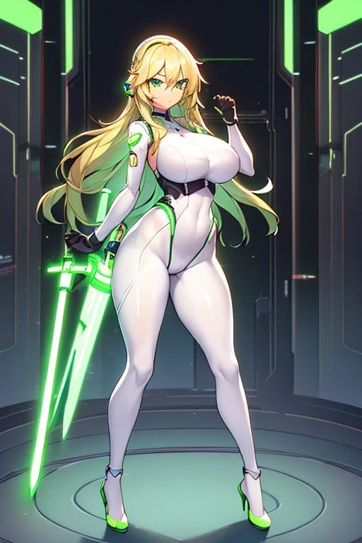 1girl, green eyes, blonde hair, long hair, large breasts, hourglass figure, bodysuit, white bodysuit, neon, neon trim, machinery, tech, science-fiction, futuristic, serious, standing, full body, ((full body)),, pantyhose, black pantyhose, wavy hair, fighting stance, robot girl, sword, lightsaber,