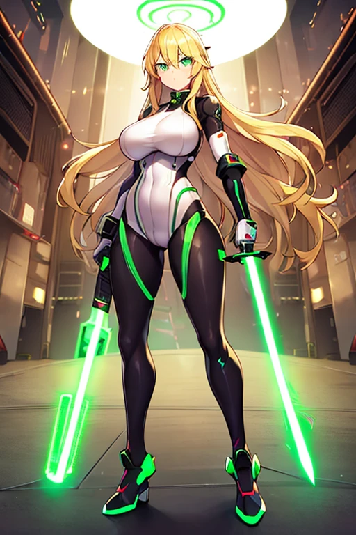 1girl, green eyes, blonde hair, long hair, large breasts, hourglass figure, bodysuit, white bodysuit, neon, neon trim, machinery, tech, science-fiction, futuristic, serious, standing, full body, ((full body)),, pantyhose, black pantyhose, wavy hair, fighting stance, robot girl, sword, lightsaber,