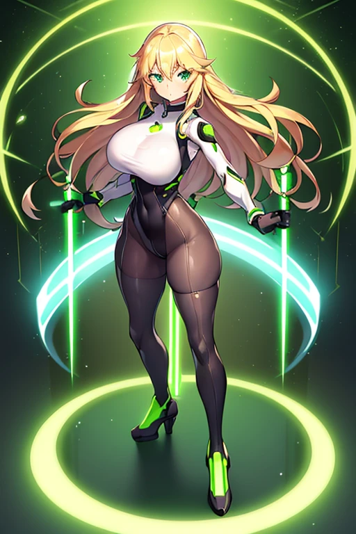 1girl, green eyes, blonde hair, long hair, large breasts, hourglass figure, bodysuit, white bodysuit, neon, neon trim, machinery, tech, science-fiction, futuristic, serious, standing, full body, ((full body)),, pantyhose, black pantyhose, wavy hair, fighting stance, robot girl, sword, lightsaber,