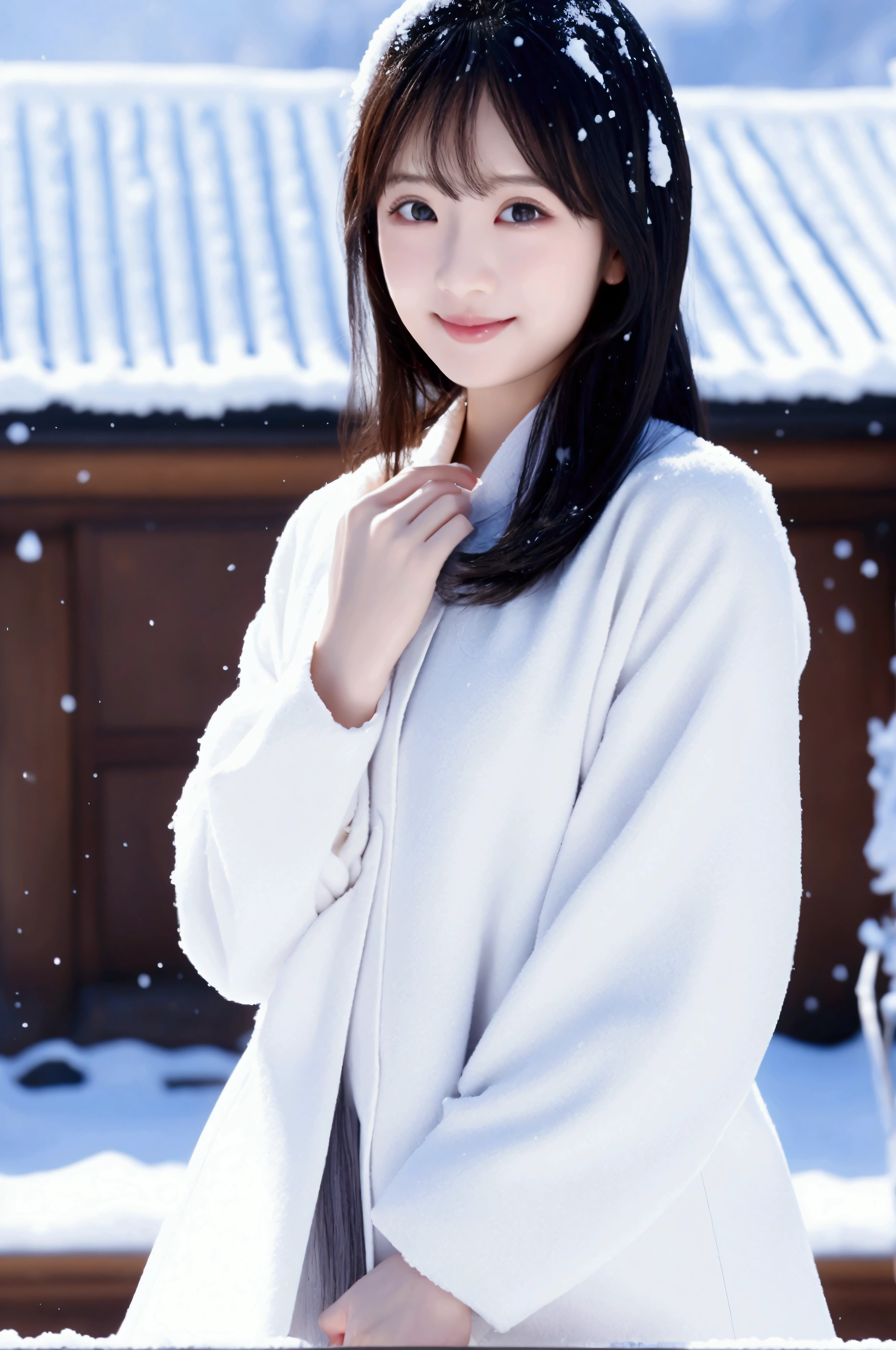 Silver keynote、Soft smile、Highest quality、8k、Ultra-high resolution、Snow-covered temple background、Realistic photo style、Healthy body shape、Clear Eyes、Shiny black hair、Snow-white clothes、Calm expression、cool light、Simple and traditional Japanese art style、Clean colors、Chilled atmosphere、Exquisite details、Graceful posture、Snow-covered landscape