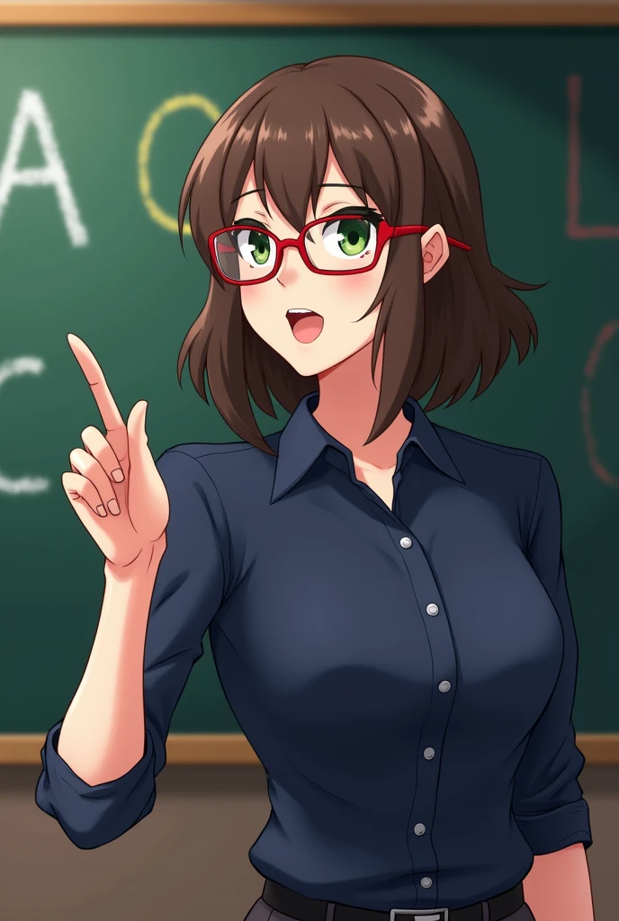 Create a drawing of a female teacher wearing a navy blue button-down shirt with a white collar, brown hair above the shoulders, pointing to a blackboard with the letters ABC, with red frame lenses, green eyes