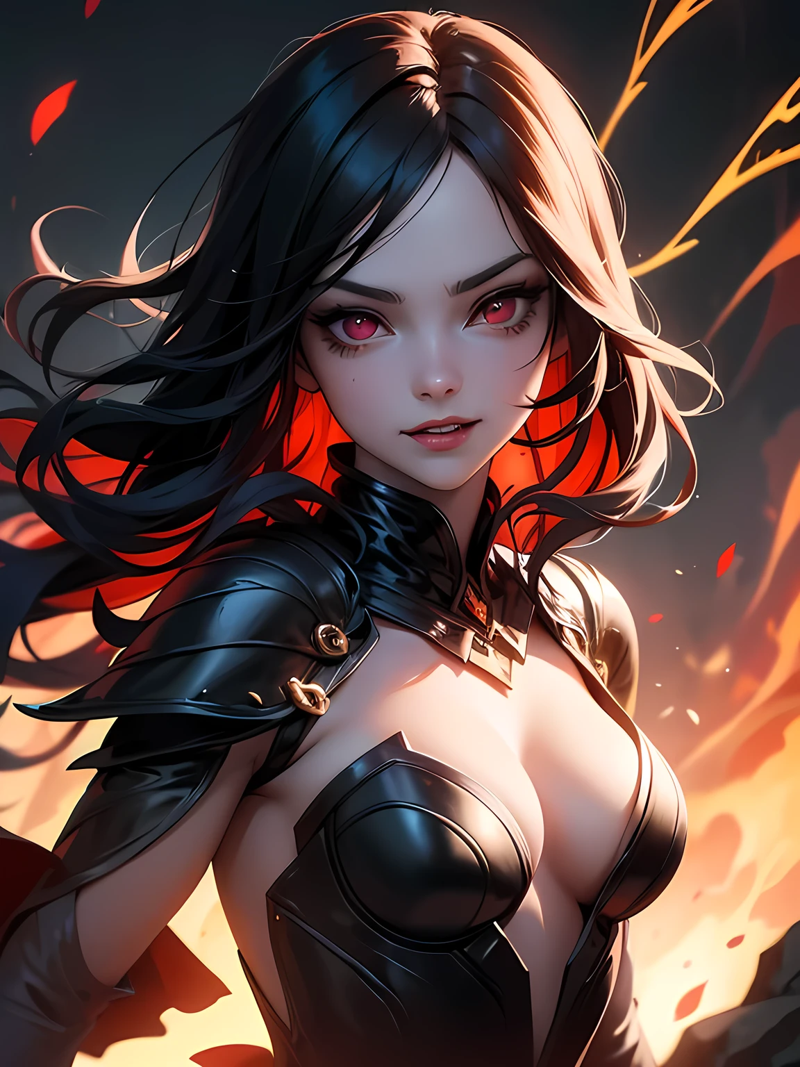 1girl, detailed face, beautiful detailed eyes, beautiful detailed lips, extremely detailed face and eyes, long eyelashes, red eyes, fire witch, blood on face, flying hair, cleavage, light particles, lightning rays, colorful, high contrast, vampire, smirk, evil smile, psychopathic smirk, psychopathic smile, tilted head, dark fantasy, dramatic lighting, supernatural, moody, cinematic, vibrant colors, volumetric lighting, dramatic atmosphere, intricate details, masterpiece, best quality, 8k, high resolution, hyper detailed, photorealistic