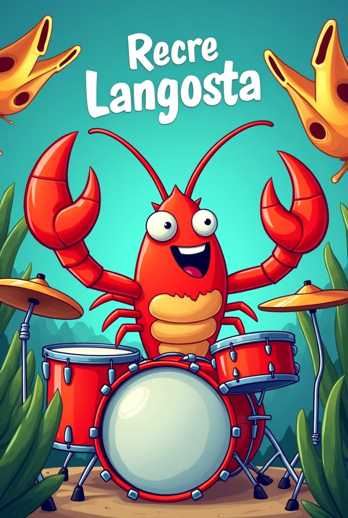 Generate an image, it must have a cartoon lobster, drums, whistles and at the top it must say the following phrase in Spanish "Recre Langosta" as it is written without accents and both words begin with a capital letter