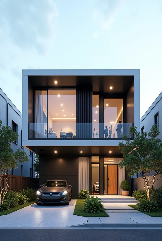 Make me a modern facade of a 2-story house 12 meters wide by 28 meters long