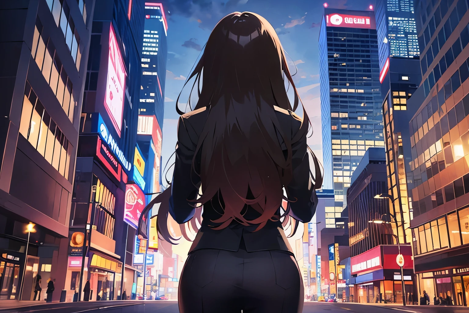 BREAK(Back view:1.5)BREAK,masterpiece,Highest quality,(black blazer:1.5)and(Medium hair woman)and(wavy hair)and(brown hair),The background is downtown at night,alone,
