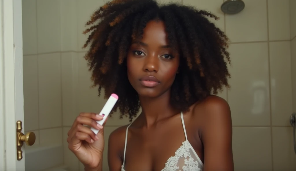 20-year old sexy, hot Nigerian female prostitute, sitting in her bathroom with her pregnancy test strip.