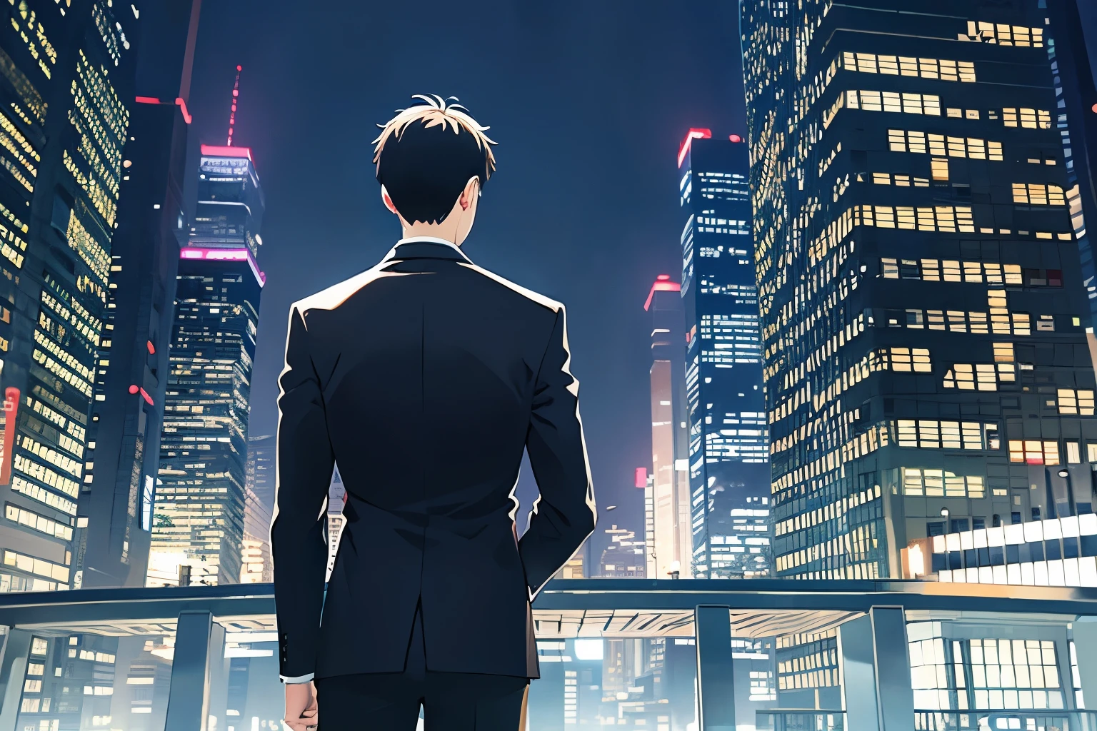 Back view,masterpiece,Highest quality,BREAK(Ald man:1.5) and (Black short hair)and(Wearing a suit)BREAK,The background is downtown at night,alone,