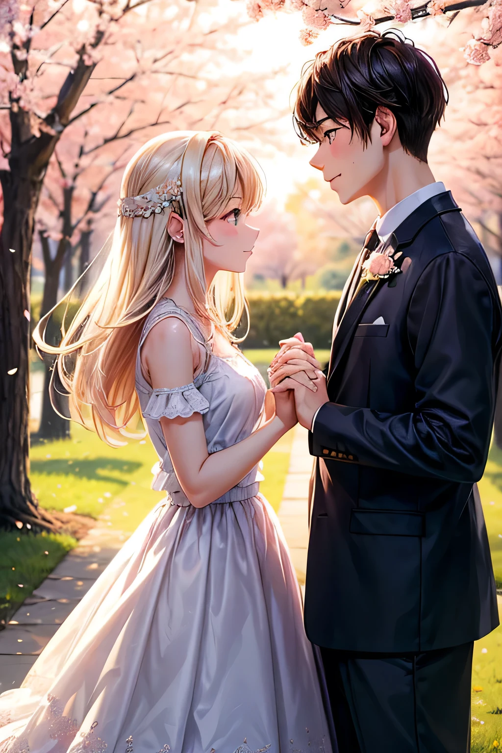 "A dreamy and nostalgic scene capturing the essence of first love. A young couple standing in a serene park at sunset, their hands almost touching but not quite. The scene is bathed in warm, golden light, with soft pink cherry blossoms gently falling around them. The background is slightly blurred, focusing on their tender, shy expressions as they gaze into each other’s eyes. The atmosphere should evoke a sense of innocence, warmth, and the fleeting, precious nature of first love."