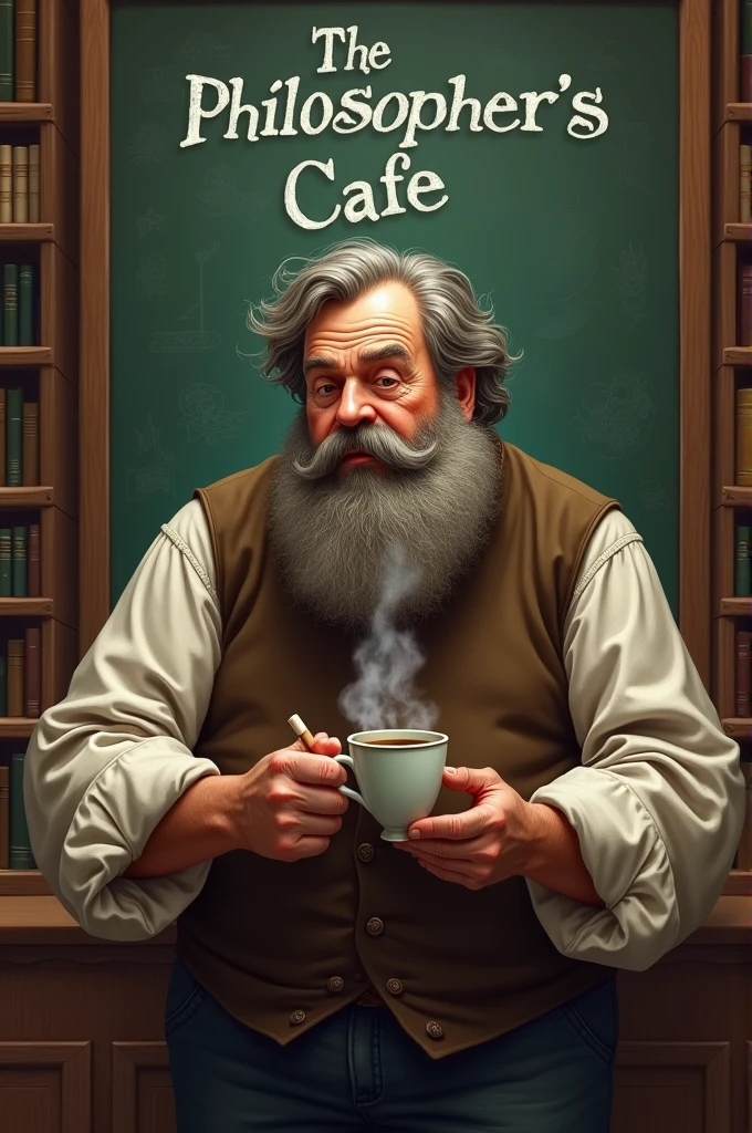 generate a fat teacher with barba com alguns fiapos holding a cup with coffee with a text above him saying "the philosopher's cafe" and a blackboard behind him