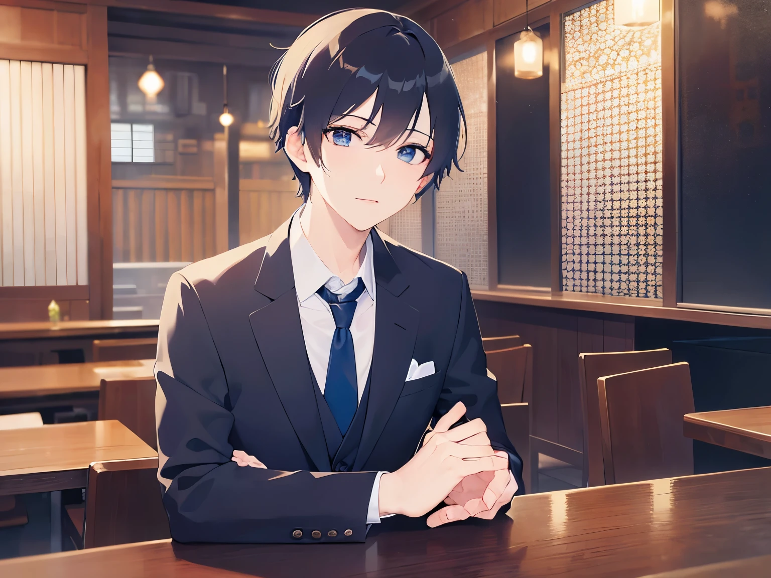 masterpiece,Highest quality,BREAK(Ald man:1.5) and (Black short hair) and (blue eyes)and (Wearing a suit:1.5) and (Blue tie)BREAK,The background is the interior of the izakaya,(expressionless),alone,