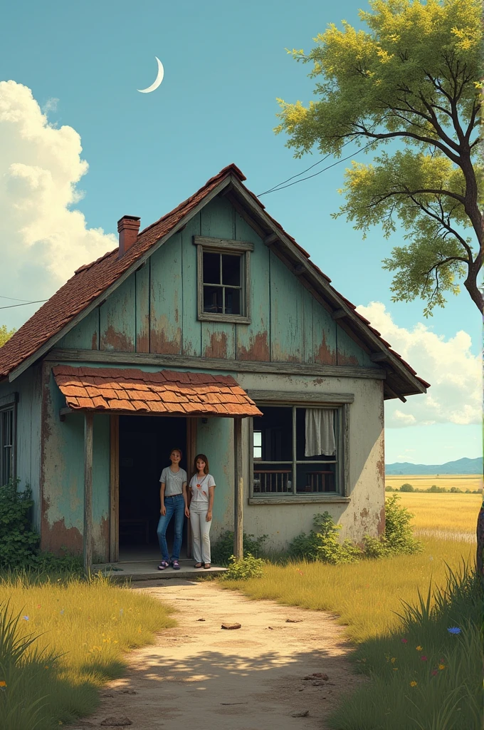 Make a more or less worn-out house in the countryside with 2 people in the doorway and the weather is in the afternoon and a curtain on the window that moves in the wind and the camera is far from the house and in one corner you can see a tree.