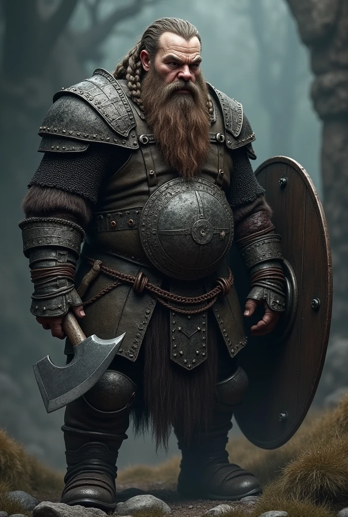 A gloomy, grim fantasy dwarf in full chain armour, middle aged man, with long beard and long hair, which are braided and decorated with iron rings, holds a battle axe in one hand and a shield in the other