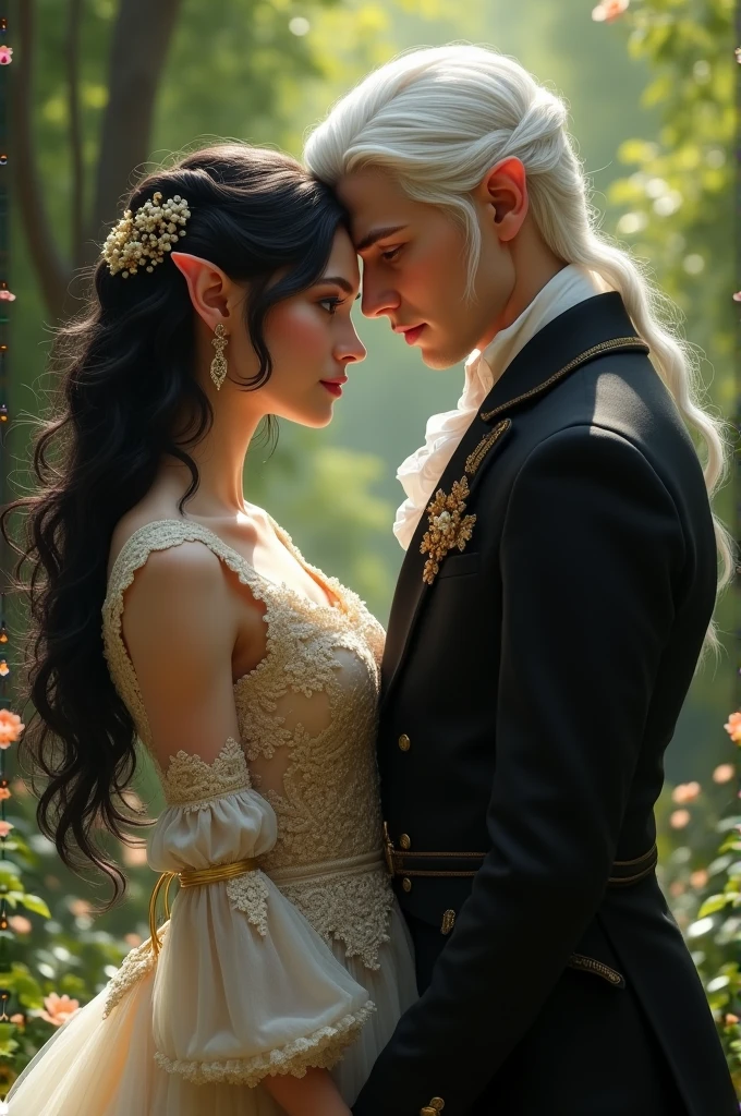 Half-elf with black hair and short ears in a Pride and Prejudice style dress smiling with a platinum-haired, grey-eyed elf dressed in a black Bridgerton-style suit