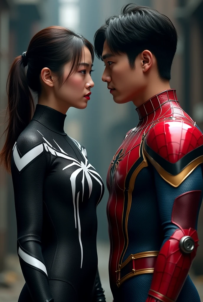 Create an image where a Korean woman wears a black and white spiderman suit, and a Korean man wearing a red and gold Iron-Spiderman superhero suit, In the image you have to see only half of his body, and the background is night, and stand next to each other, Their faces must be clearly visible, They must be facing each other, with the body straight looking at the camera 