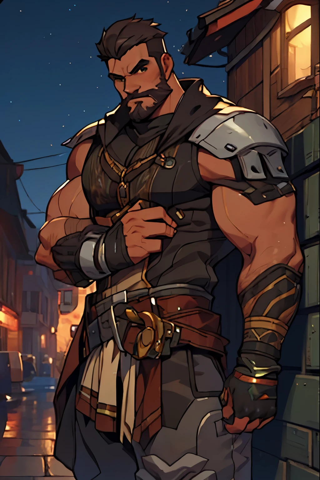 Large fantasy kingdom in the background, gabrielreyes, old mature muscular male, black hair, very short hair, Faux hawk hairstyle, Faux hawk, ((black beard))), ((stubble beard)), ((stubble))), black skin, tanned skin, black, green eyes, bright eyes, 3, bara, muscular male, large shoulders, thick muscles, big muscles, huge arms, huge body, tall, Piece, athlete, bare biceps, social shirt, black shirt, golden rnaments, black clothes, golden ornaments on the clothes, Mystical clothes, Golden details on the shirt, (((neutral pose:1.0))), elsword style social shirt, sleeveless social shirt, sleeveless, ((arms exposed)), Neutral face, cowboy shot, high resolution:1.2, best quality, master part, daylight, Reflection of lens, upper body shot