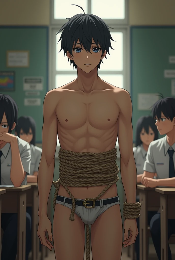 1boy、Handsome Men、Japanese male, 、Completely naked、Full nudity、erection、Huge penis、Highest quality、Realistic、beautiful、Sad look、 ((((Completely tied up with rope)))), ((((A very tight rope is crisscrossed over the chest)))),(((Body bound with tight rope)))、whole body、Surrounded by men and women in uniform、In a school classroom、erection、完全Completely naked