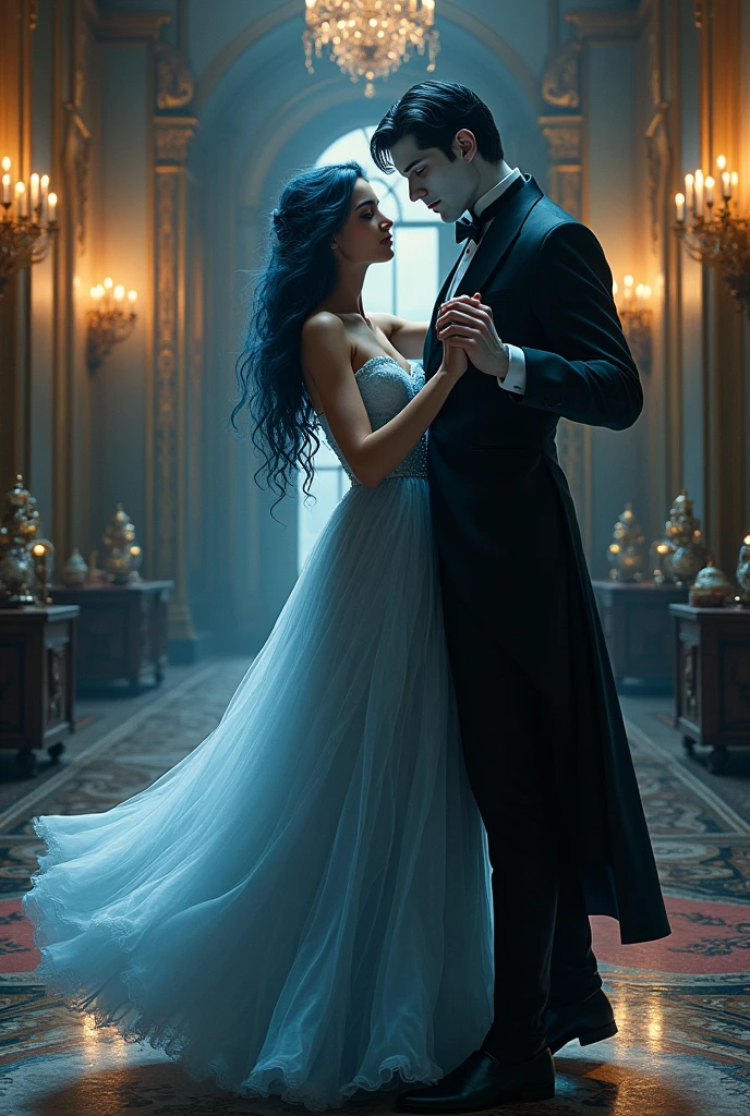 Girl  long dark blue wavy hair blue eyes fair skin in Victorian dress dancing with her butler a man with black hair red eyes pale fair skin in a Victorian era mansion 