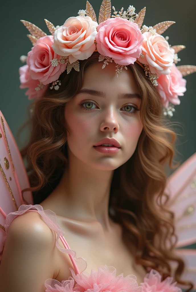 A realistic fairy crown, with pink and pastel pink and glitter, where you can clearly see how it is composed, beautiful, with brighter ones, with different shades of roses, lighter and darker , on the head of a model that shows a nice shape, and striking, with bright , that the crown is more visible than the model, and that the flowers are not so big and not literally a crown Smaller flowers, a brunette fairy with golden curly hair