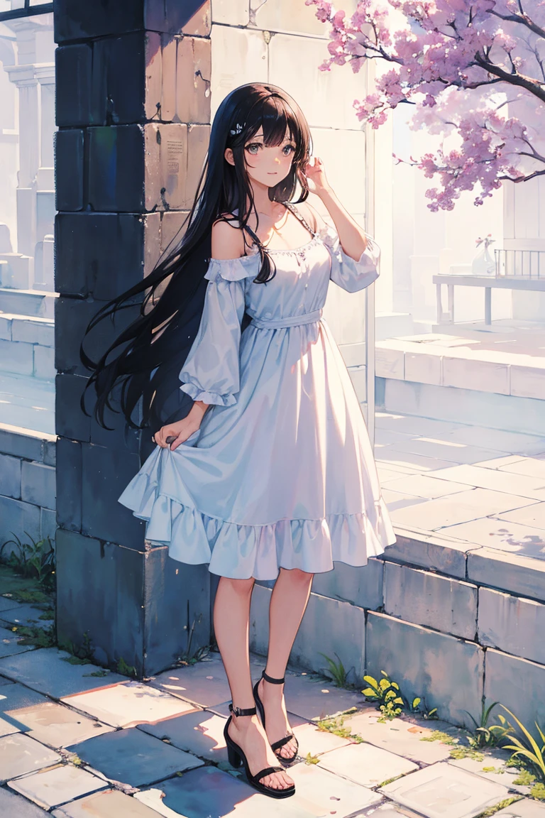 Full body, a woman with freckles, dark brown eyes, and an upturned nose, she is happy, she has long wavy black hair, wearing aviator sunglasses with clear lenses in a soft watercolor style. The girl's clothes must be in pink, purple, and blue in celebration of the bisexual, with stains of ink and watercolor mixing and filling the scene. There should be a subtle, nuanced change in colors using the impasto technique with gouache paint. There should be a light rain in the watercolor painting with a little watercolor paper texture and a pastel background.