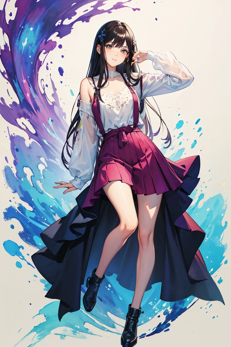 Full body, a woman with freckles, dark brown eyes, and an upturned nose, she is happy, she has long wavy black hair, wearing aviator sunglasses with clear lenses in a soft watercolor style. The girl's clothes must be in pink, purple, and blue in celebration of the bisexual, with stains of ink and watercolor mixing and filling the scene. There should be a subtle, nuanced change in colors using the impasto technique with gouache paint. There should be a light rain in the watercolor painting with a little watercolor paper texture and a pastel background.