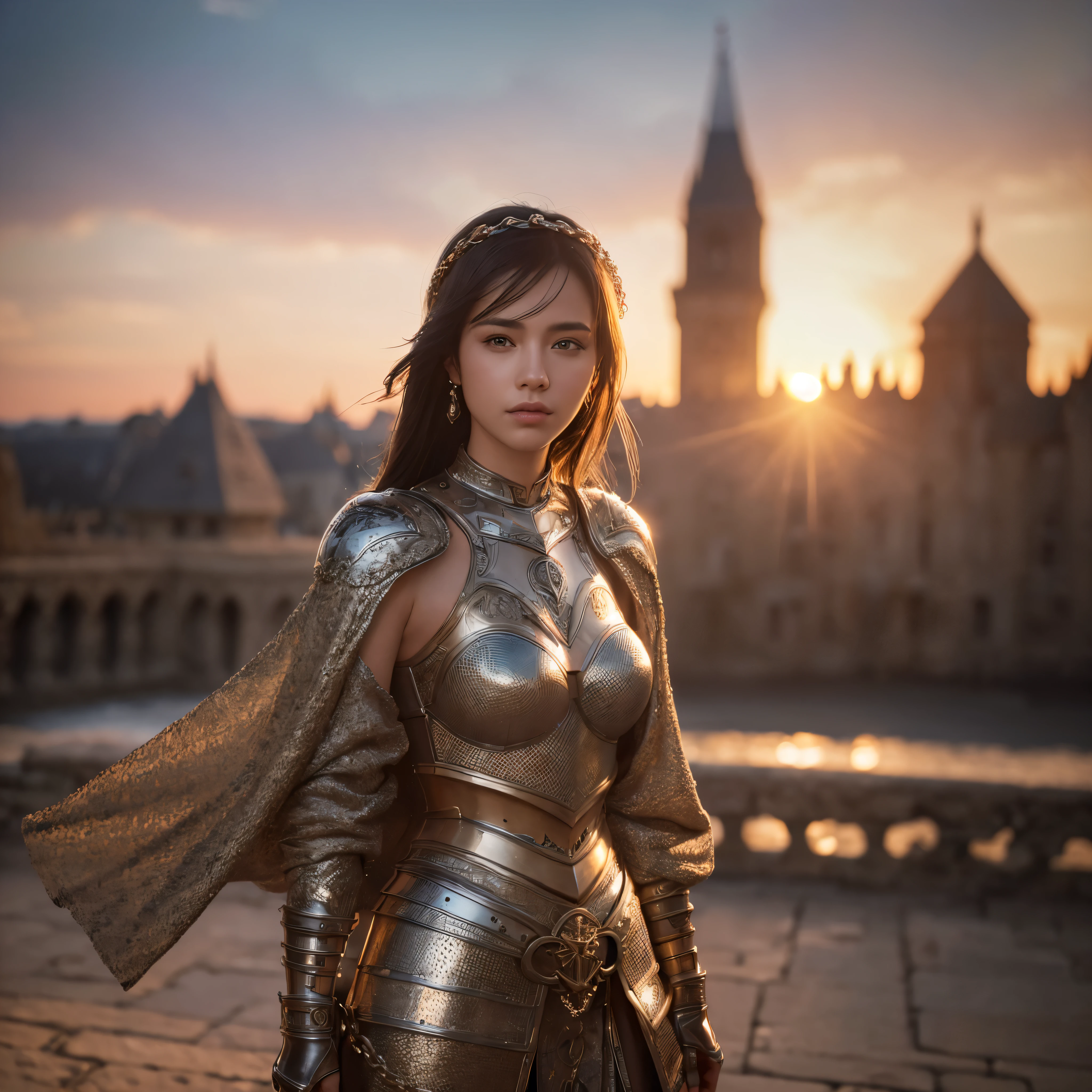 (work of art), (extremely complex:1.3), (realisitic), portrait of a , the most beautiful in the world, (medieval armor), metallic reflections, trunk, plein-air, Strong Sunlight, far away castle, professional photography of a stunning woman detailed, sharp focus, Dramatic, awardwinning, cinematic lighting, octane render unreal engine, volumetric dtx, (film grain, nblurry background, blurry foreground, bokeh, Depth of field, sunset, motion-blur:1.3), Chain mail