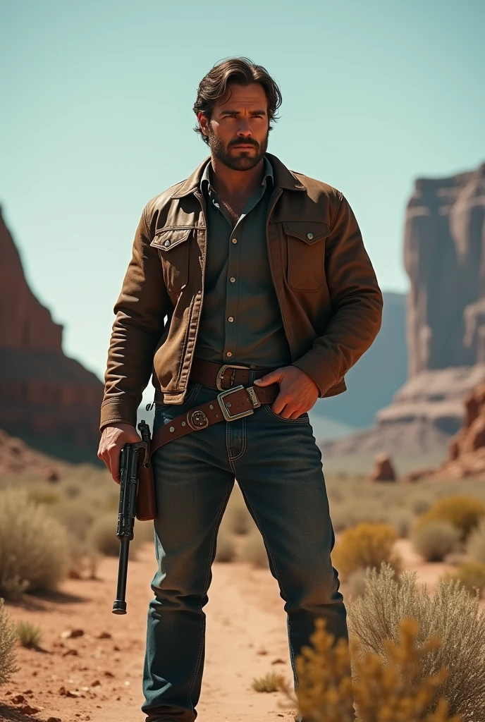 Henry Cavill as cowboy in wild west, holding a revolver.