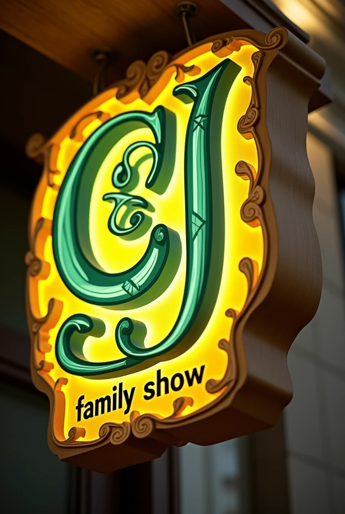 Beautiful sign with C & J logo in yellow and green, symbol in between the C& J, Also have family show written at a bottom