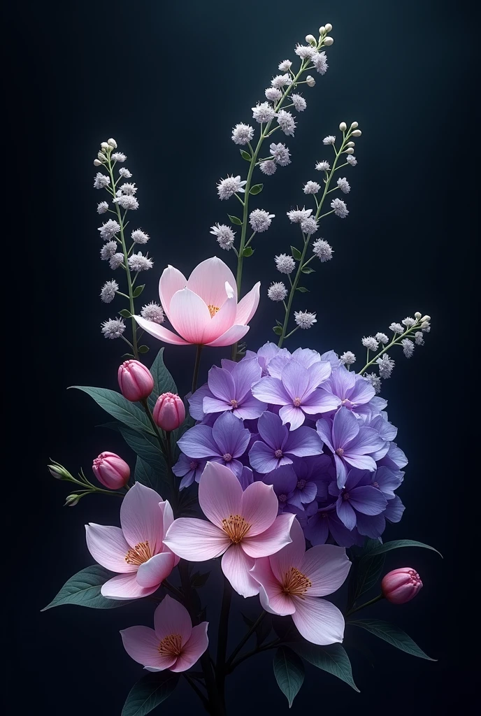 Create a wallpaper with a black background and cherry blossom flowers, purple hydrangea, Angelica