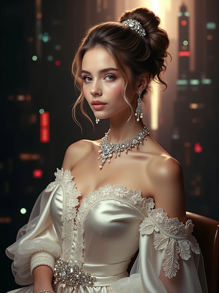 girl, from side, (lace-trimmed off-shoulder lace dress:1.2), satin, draped, detailed face, (looking at viewer:1.4), alluring, opulence, high ponytail updo, star ensemble accent statement earring and necklace, sparkling, ethereal, elegance, chic, sophisticated, grace, modern, classic, gleaming, confidence, power, dramatic sweet, pure, mysterious, dreamlike, otherworldly beauty, tyndall effect, soft, diffused lighting, high bloom, glowing light, soft highlights, radiant aura, overexposed edges, masterpiece, best quality, (realistic, photorealistic:1.0), cinematic, neon sign, tall building, white diamond earring, bracelets, fantasy empress, stylish, sexy,
