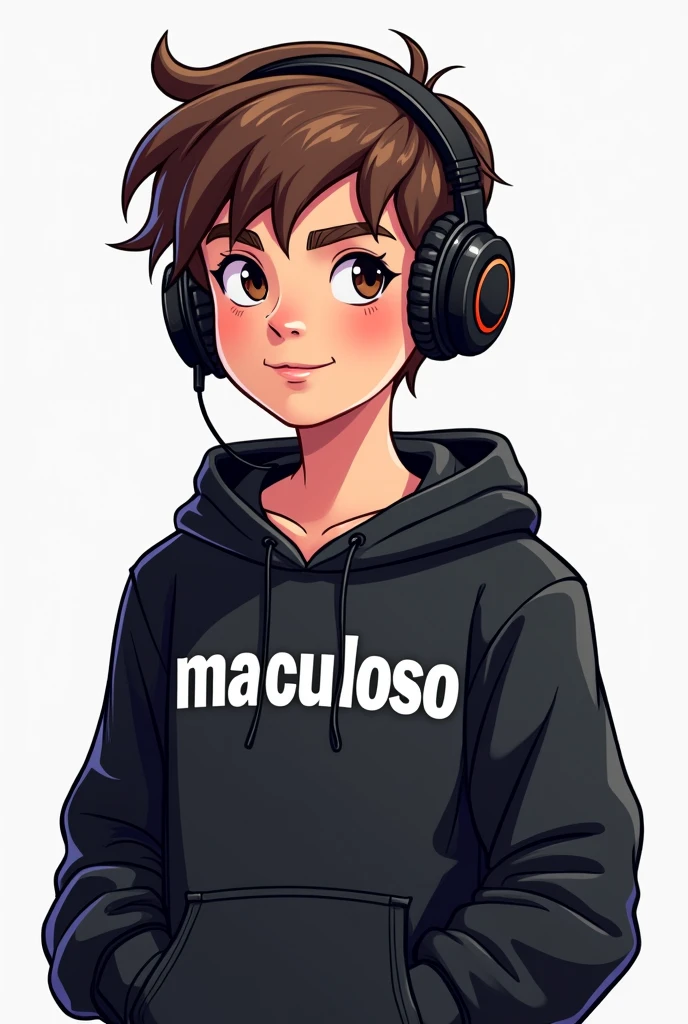 Create a logo of a gamer boy wearing headphones and a black sweatshirt and below it says in white: MACULOSO