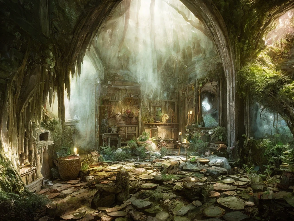 Inside a witch's cottage, eerie atmosphere, soft volumetric light, high chaos, intricate work by Johan Grenier style, Alyssa Monks style