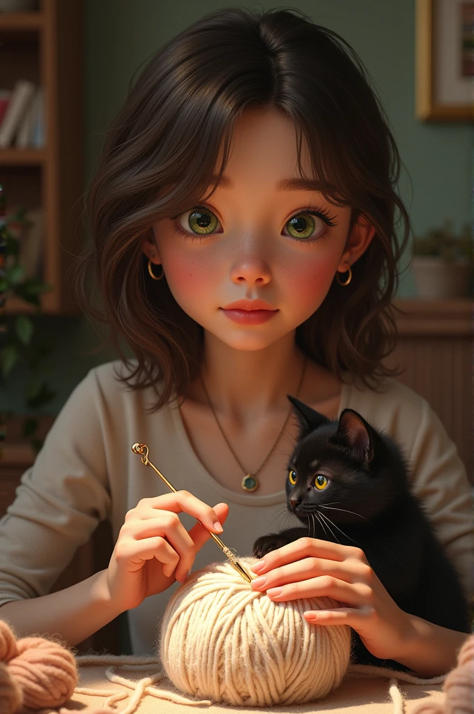a young woman, brown hair and green eyes, flat nose and big eyes, medium long hair, that has in one hand a crochet hook and a ball of wool and at the same time has a black kitten