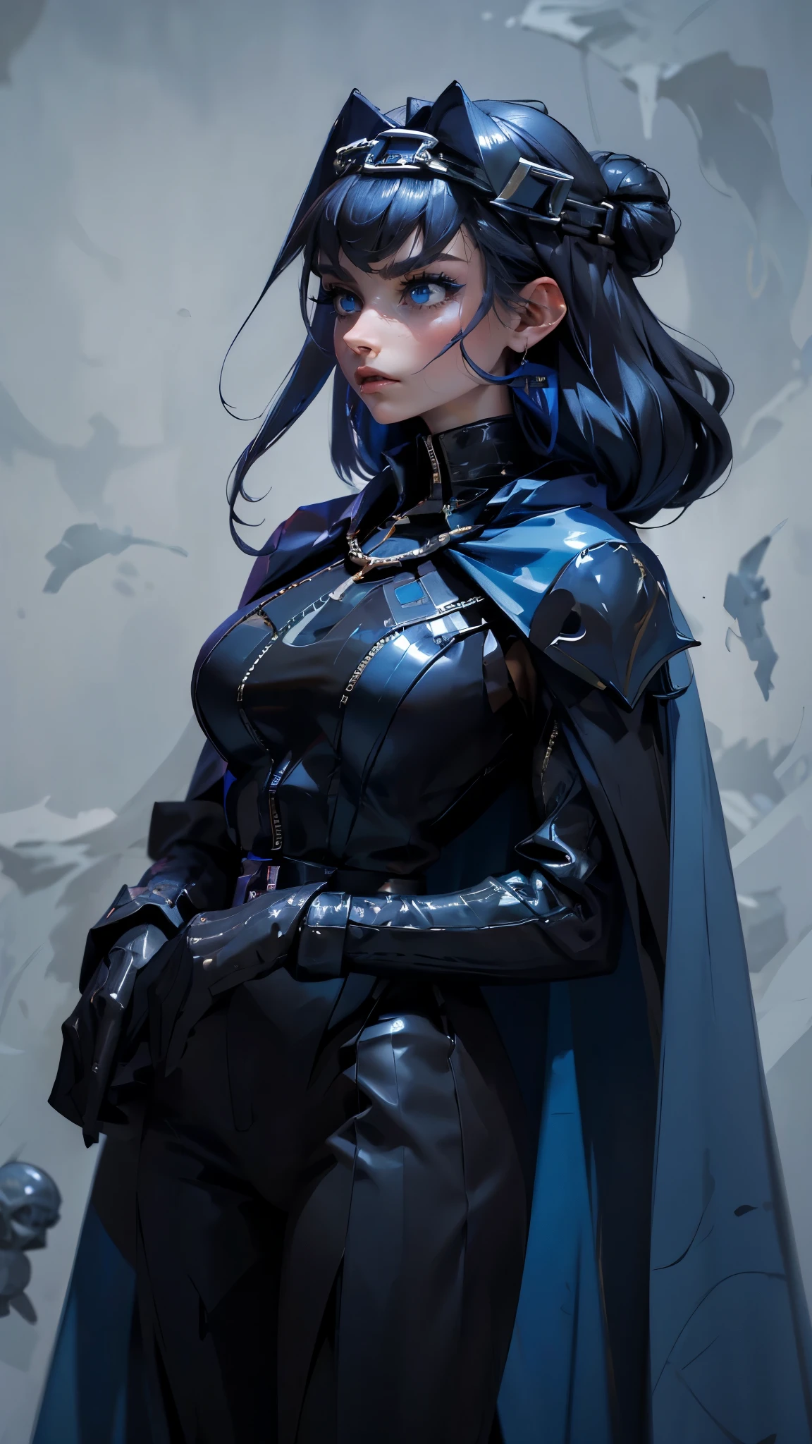 envision a 8k, highres, cinematic, fully body design sheet of a fierce empress Big tall girl with long legs named Kronii Ouro with long dark blue hair in a bun, blue eyes, wrapped in chains, wearing Darth Vader's Suit with a long flowing blue cape, a black helmet mask against a dark background